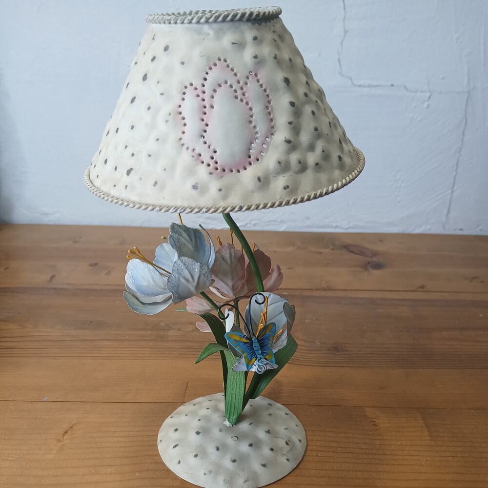VINTAGE Home Interiors Tea Light Metal Floral Butterfly Lamp 10.5 “ Tall